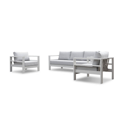 Albury outdoor furniture collection featuring a white couch and chair, part of an outdoor lounge set made from premium Spanish Agora fabric and aluminium, includes protective cover.