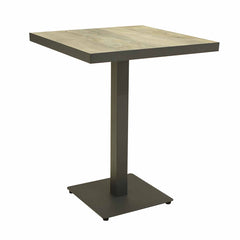 The 80 cm 'Clifton' square outdoor bar table, a favourite among Remarkable Outdoor Living's bar outdoor furniture, features a dark grey aluminium frame and a light brown ceramic tabletop. It is displayed on a plain white background, viewed at a side angle.