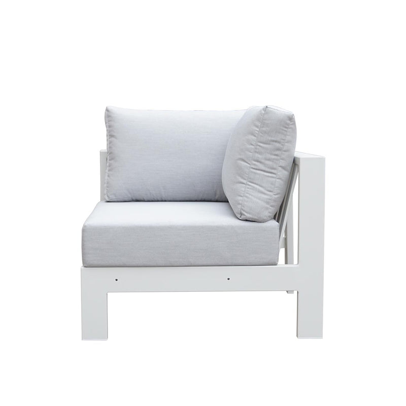 Albury outdoor furniture collection featuring outdoor chairs and aluminium outdoor furniture, including a white chair with a pillow on top of it, all covered with a protective lounge cover.