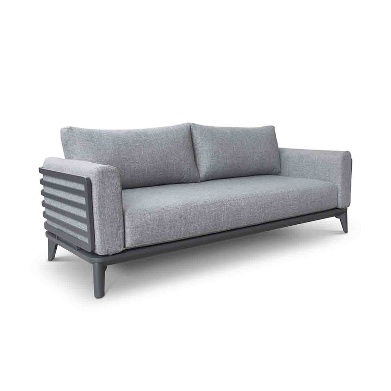 Aluminium outdoor furniture from Alora range, featuring a 3-seater outdoor lounge with charcoal frame and cushions, perfect for outdoor living setup.
