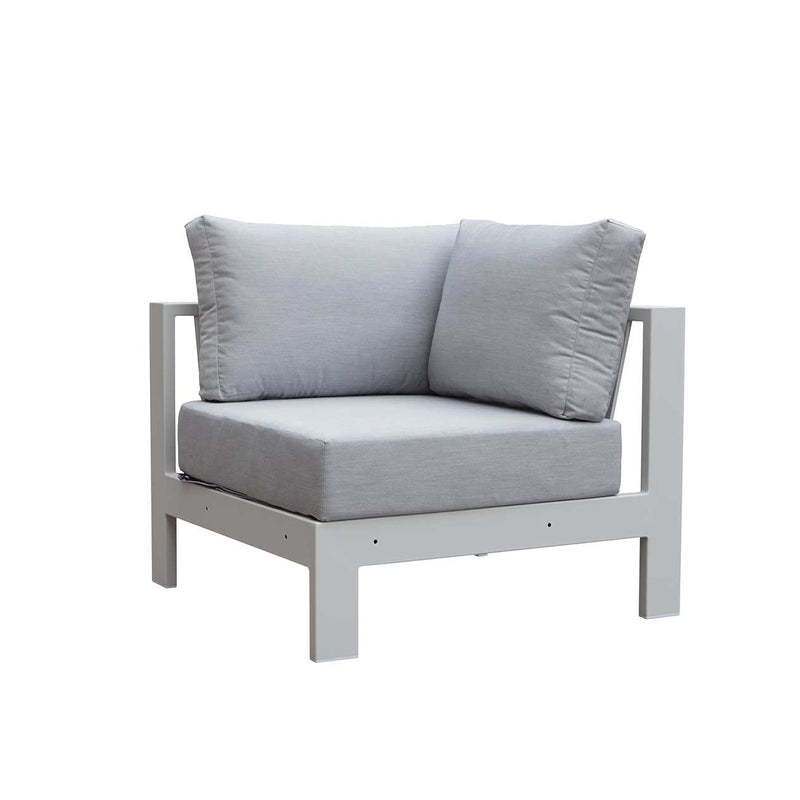 Albury outdoor furniture collection featuring outdoor chairs and aluminium outdoor furniture, including a white chair with grey cushions on a white background.