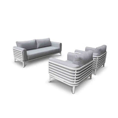 Alora range outdoor furniture set including a 1-seater and 5-seater outdoor lounge, made from durable aluminium, perfect for the Aussie sun. Set of three couches and a chair on a white surface.