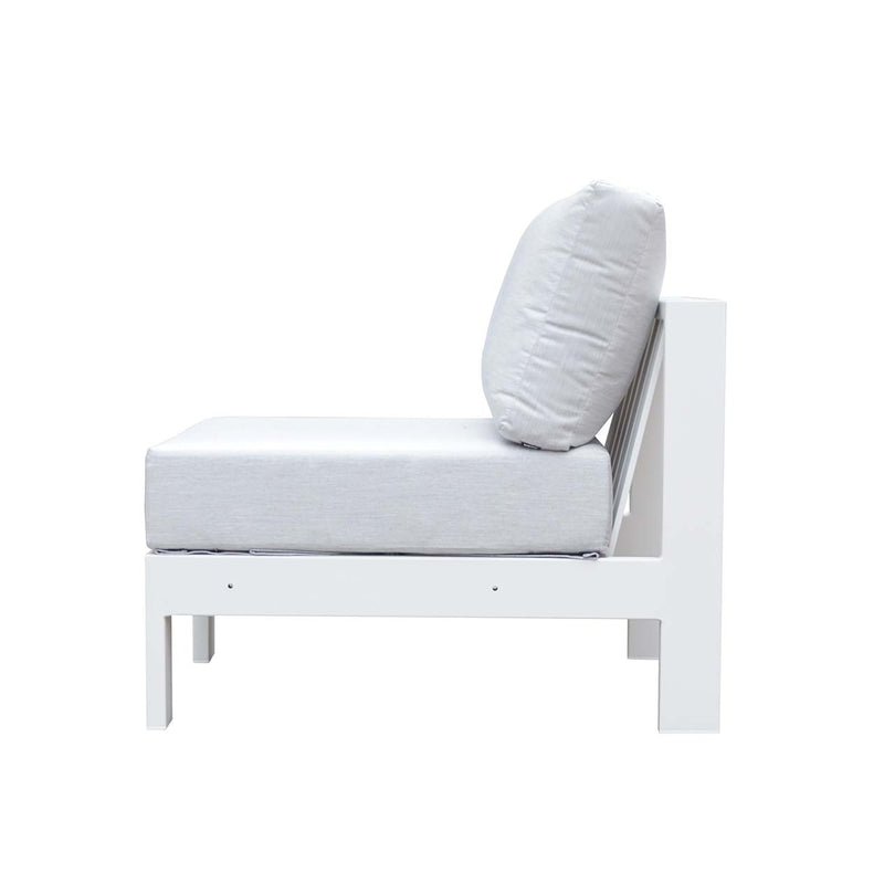 Albury outdoor furniture collection featuring outdoor chairs and aluminium outdoor furniture, including a white chair with a pillow on top of it, all with premium Spanish Agora fabric and waterproof lining.