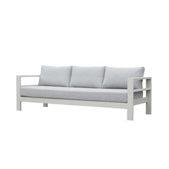 Albury outdoor furniture collection featuring a white couch with grey cushions, armchair, 2-seater, 3-seater, and modular settings on a white background. Made with premium Spanish Agora fabric and aluminium outdoor furniture materials, this outdoor lounge set includes a protective cover.