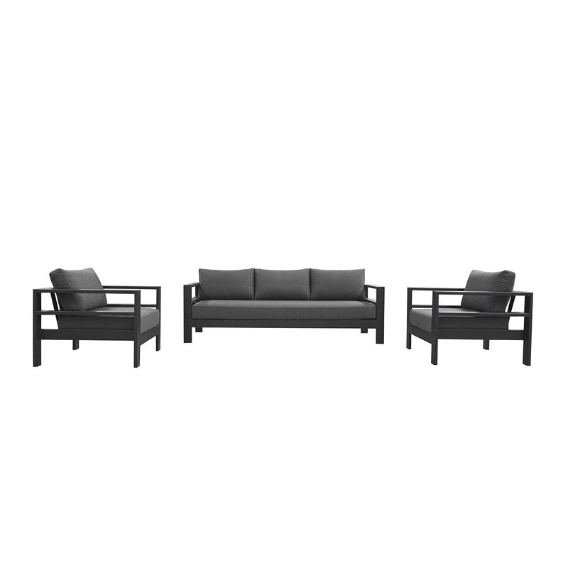 Albury outdoor furniture collection featuring a black couch and two chairs, part of an outdoor lounge set made from premium Spanish Agora fabric and aluminium, with a protective cover.
