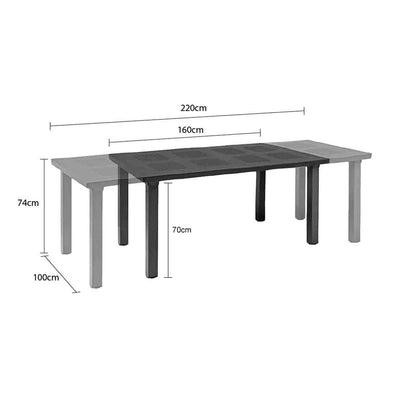 Black Nardi Levante Outdoor Resin Extension Dining Table, ideal for alfresco furniture setups, displayed on a plain white background, viewed from the front. Its measurements are shown at 220 cm long whilst fully extended, and 160 cm long whilst fully retracted. It also stands at 74 cm tall and 100 cm wide.